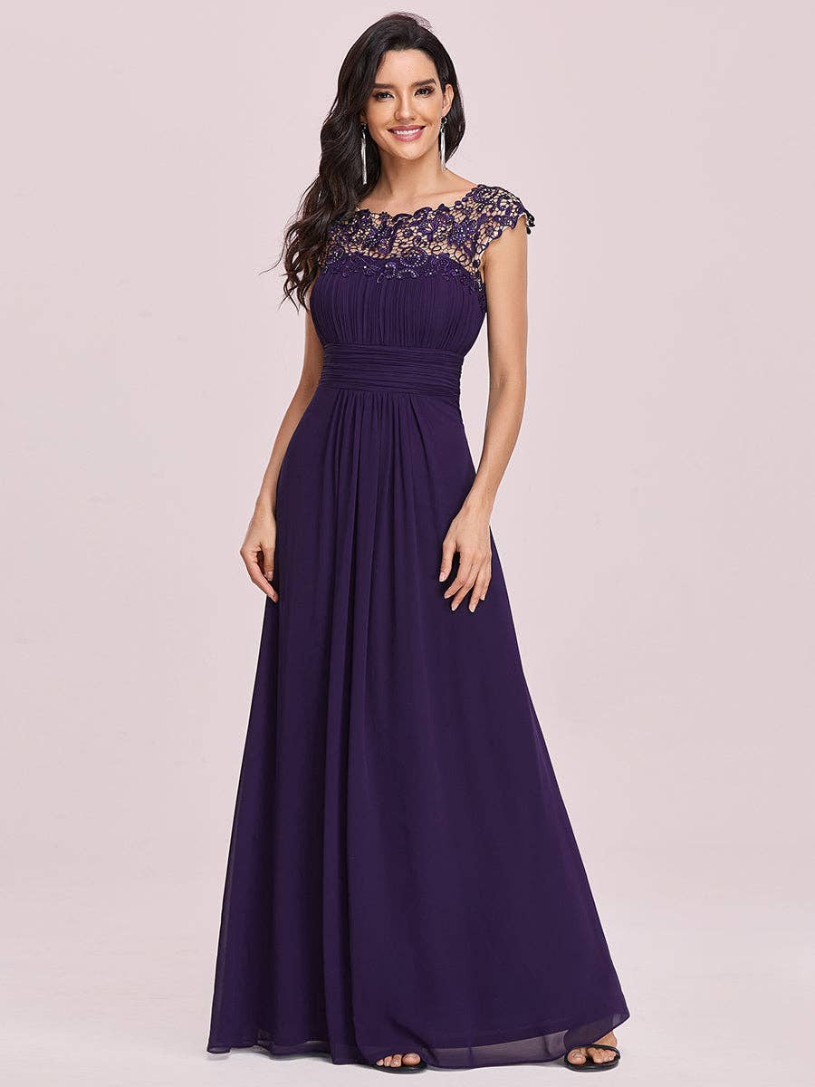 Lacey Neckline Open Back Ruched Bust  Chiffon Evening Dress