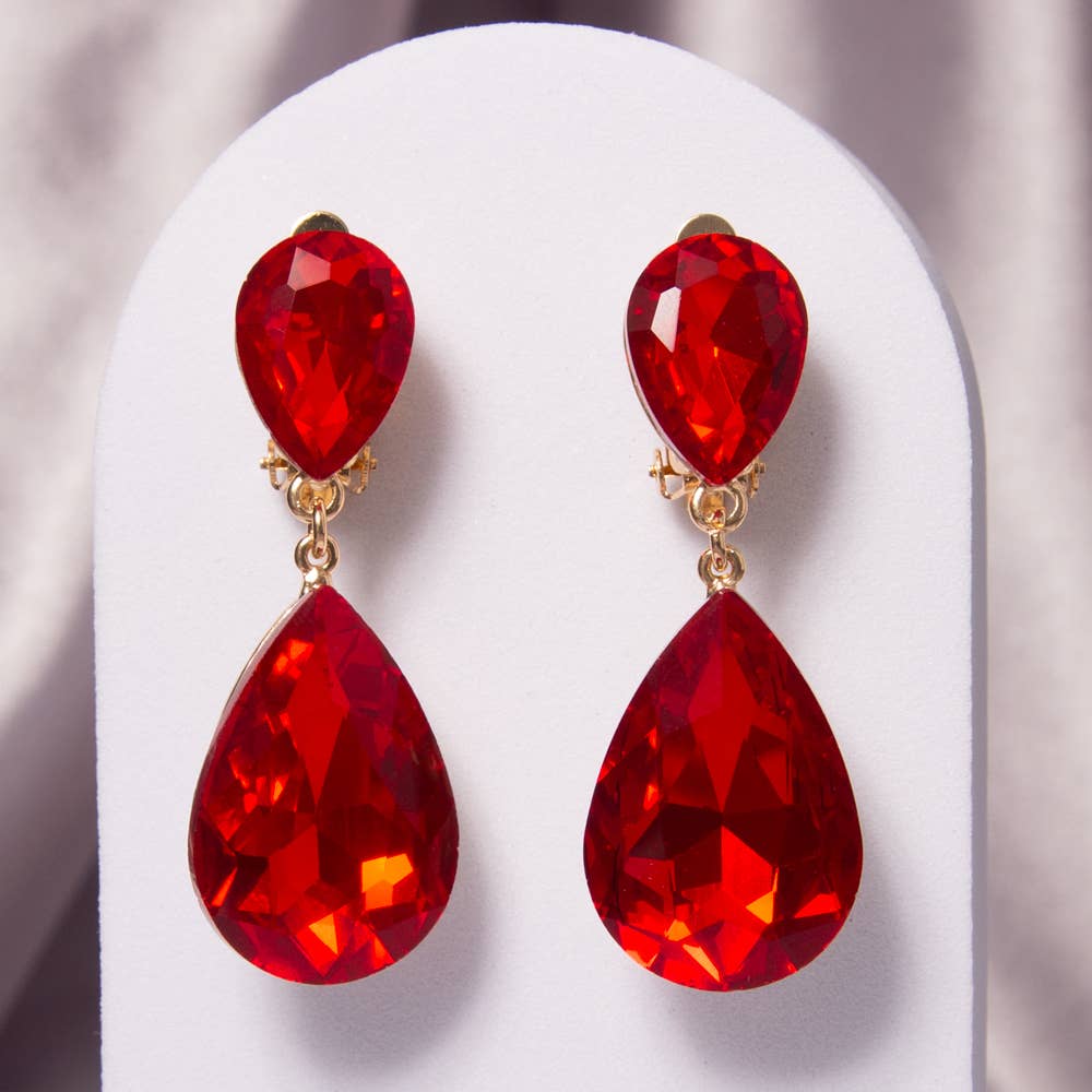 Two-Tier Teardrop-Cut Crystal Dangle Clip-On Earrings