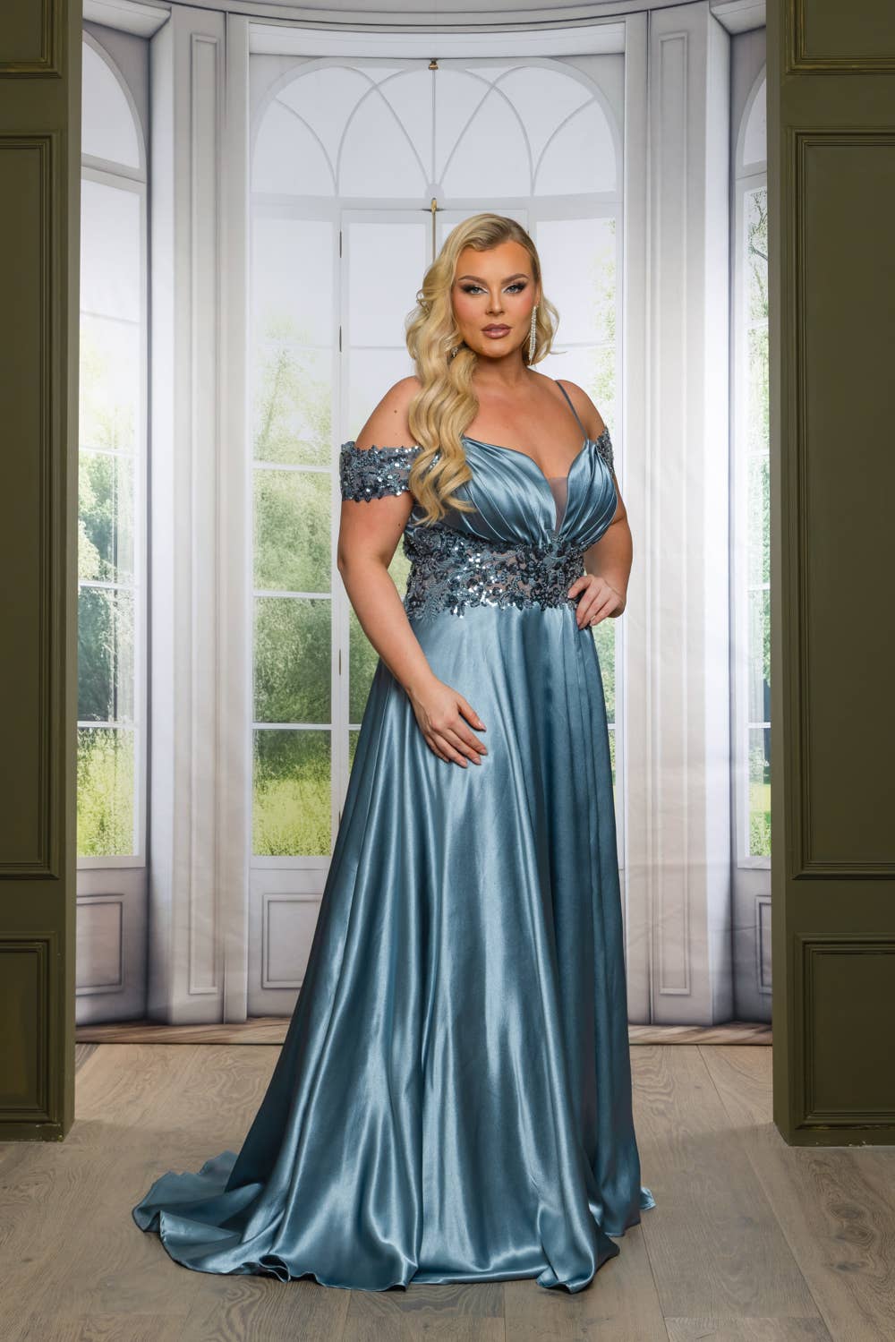 P7536-PLUS SATIN A LINE MAXI DRESS WITH SEQUINS AND BEADING
