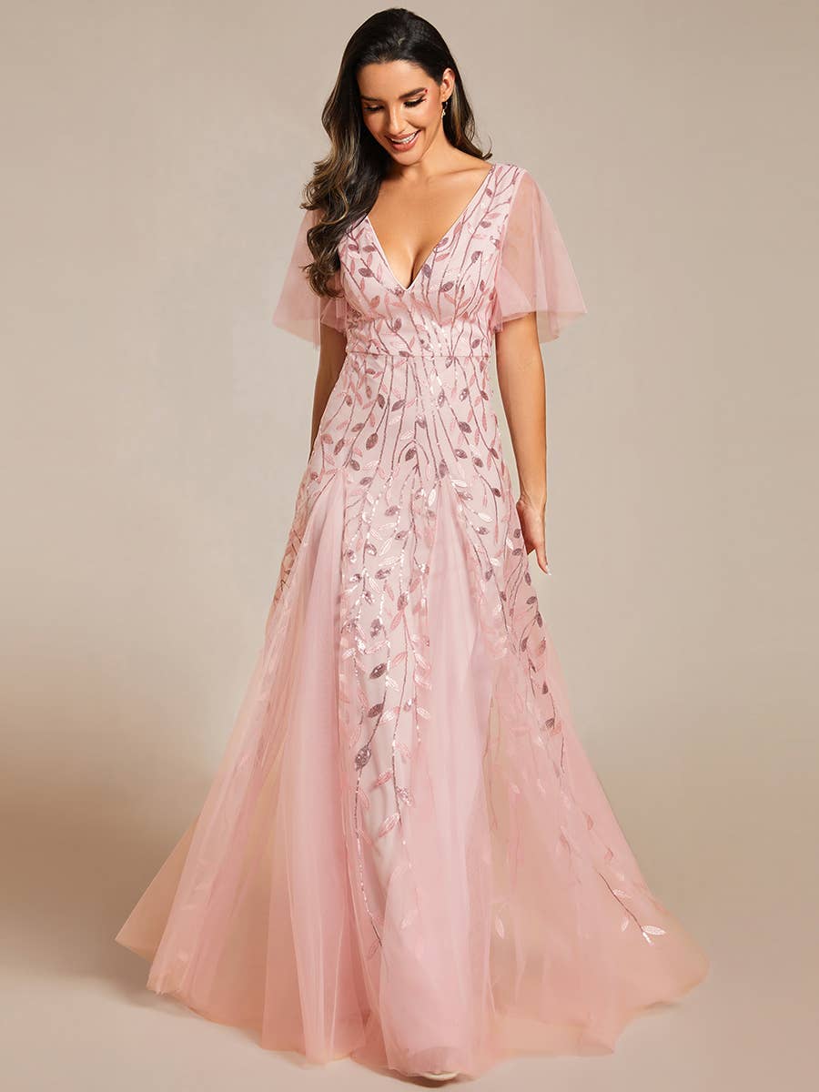 Romantic Shimmery V Neck Ruffle Sleeves Evening Dress