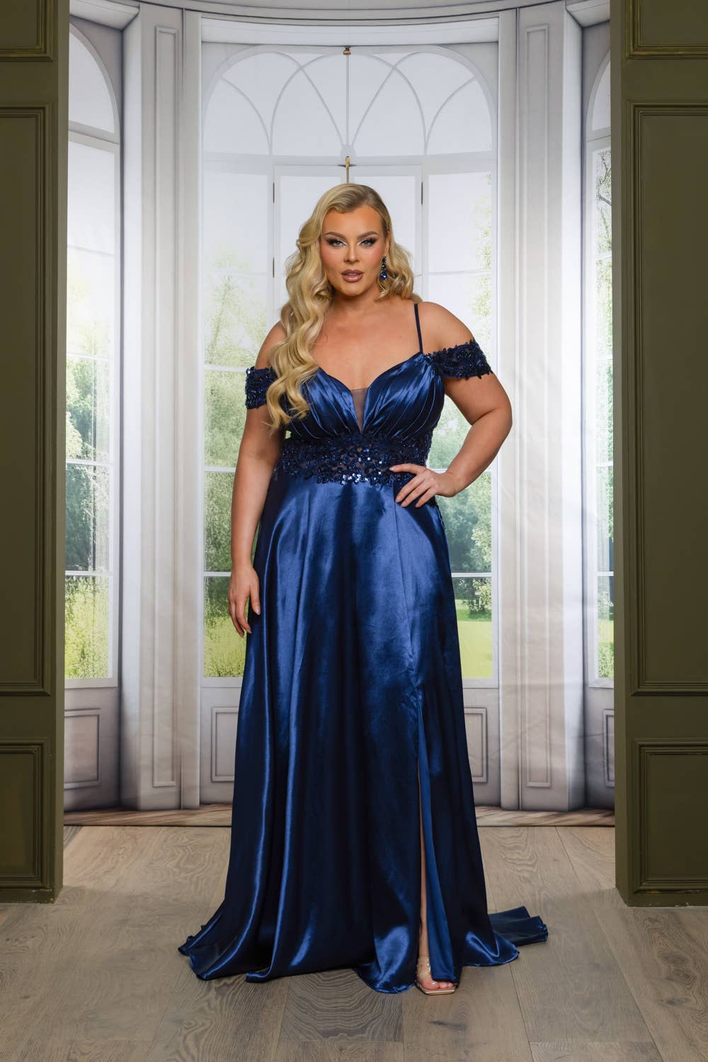 P7536-PLUS SATIN A LINE MAXI DRESS WITH SEQUINS AND BEADING