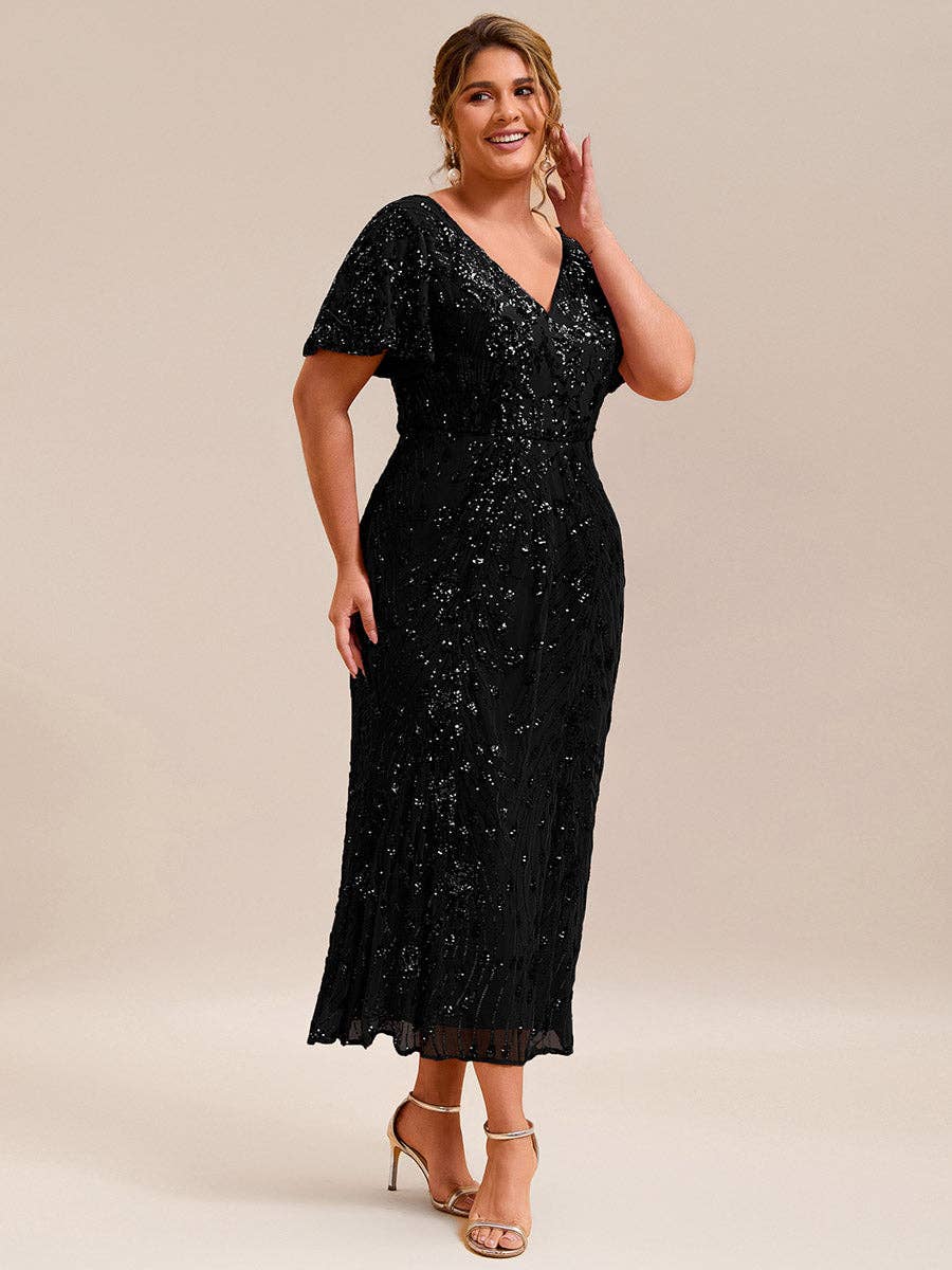 Strapless Deep Fishtail Paillette Midi Evening Dresses