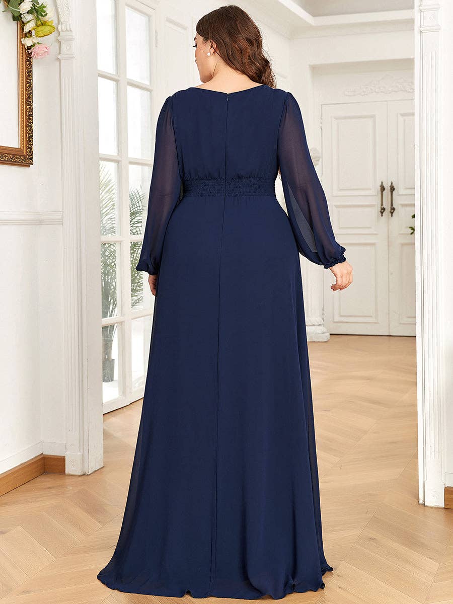 Plus Size Long Lantern Sleeves Round Neck Bridesmaid Dress
