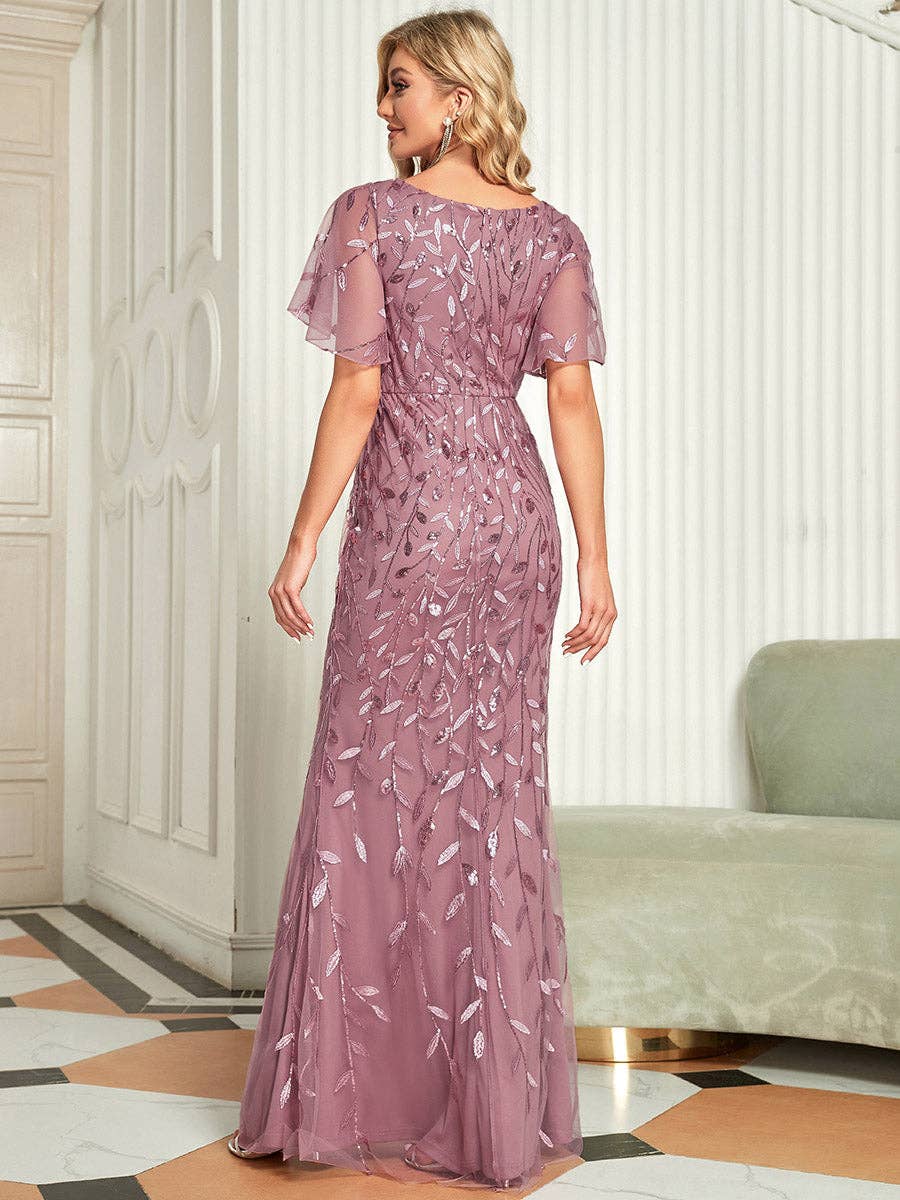 Gorgeous Leaf-Sequined Evening Dress
