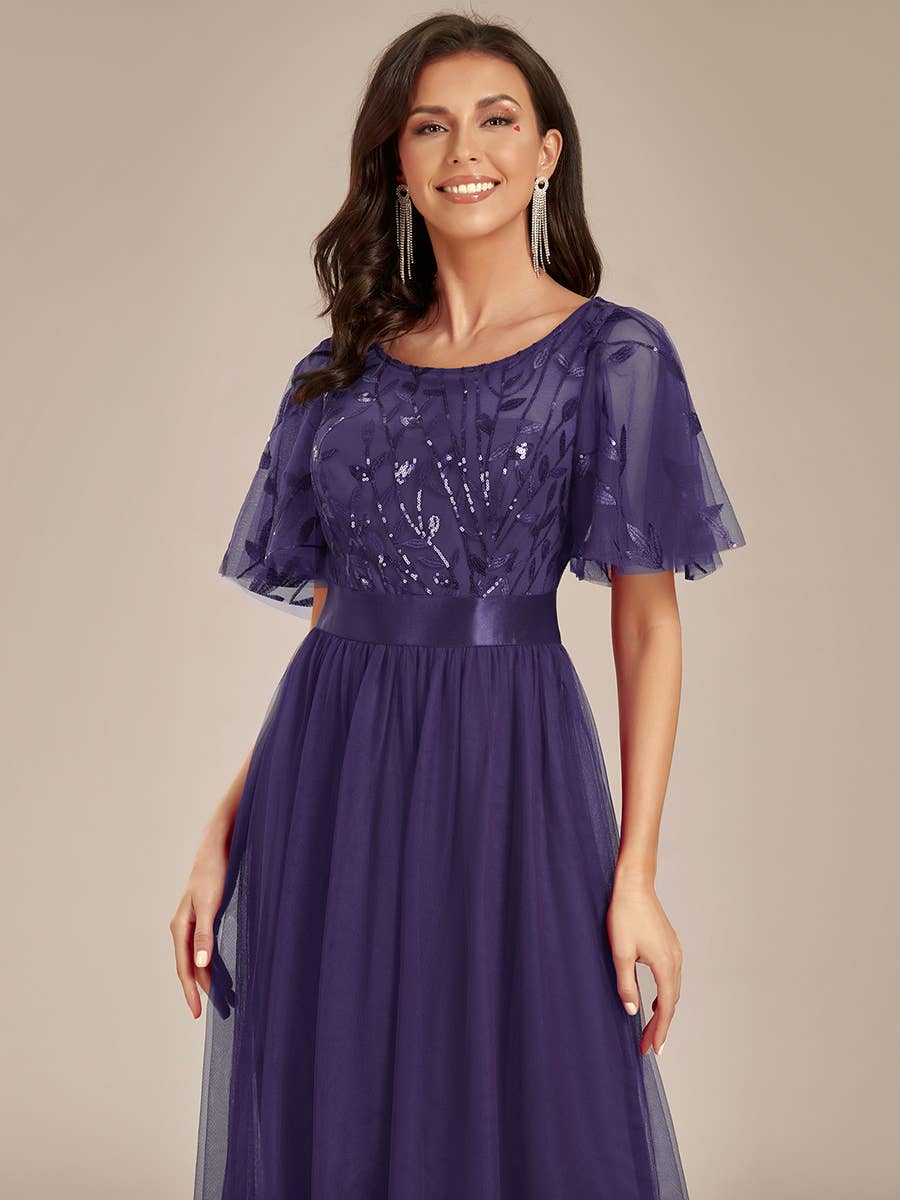Sequin Print Maxi Long Evening Dresses with Cap Sleeve