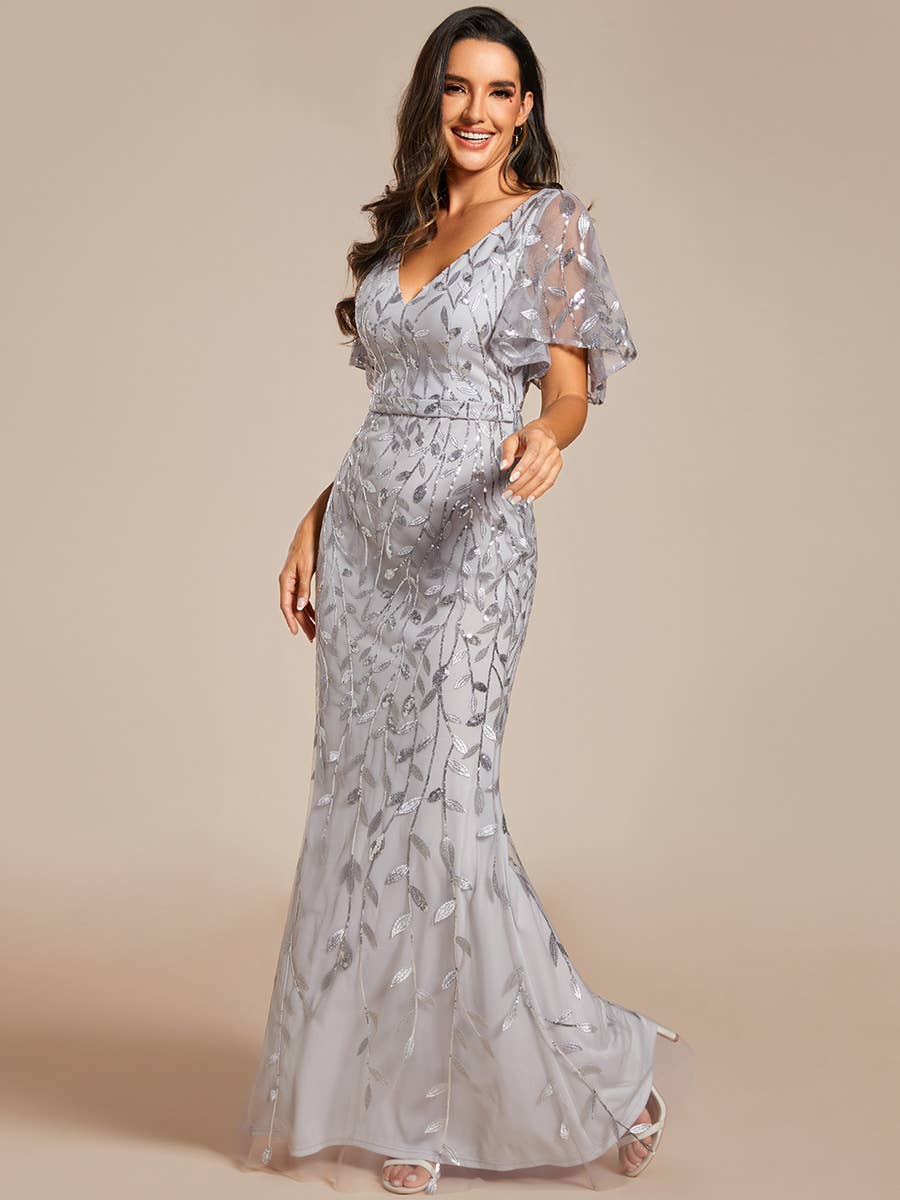 Gorgeous Leaf-Sequined Evening Dress