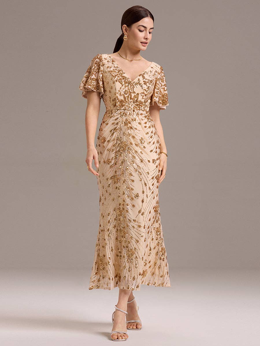 Strapless Deep Fishtail Paillette Midi Evening Dresses