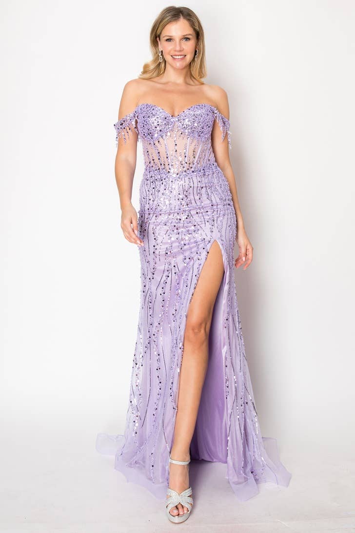Off the Shoulder Sequin and Bead Long Dress C331