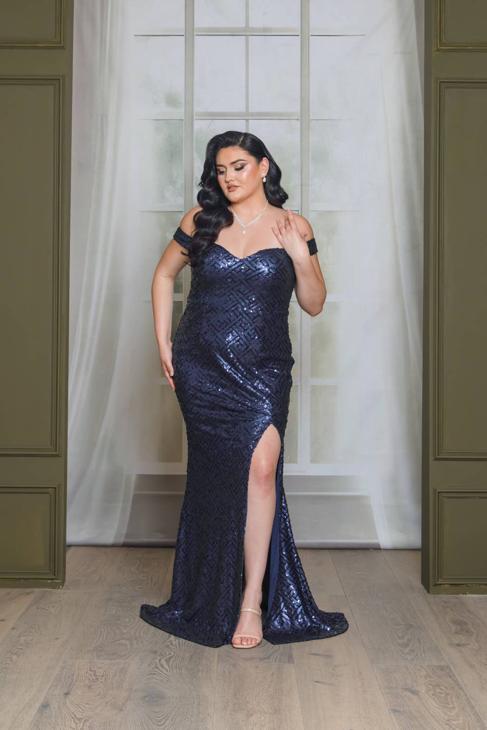 P1013P11-PLUS SIZE SEQUIN OFF SHOULDER MAXI DRESS