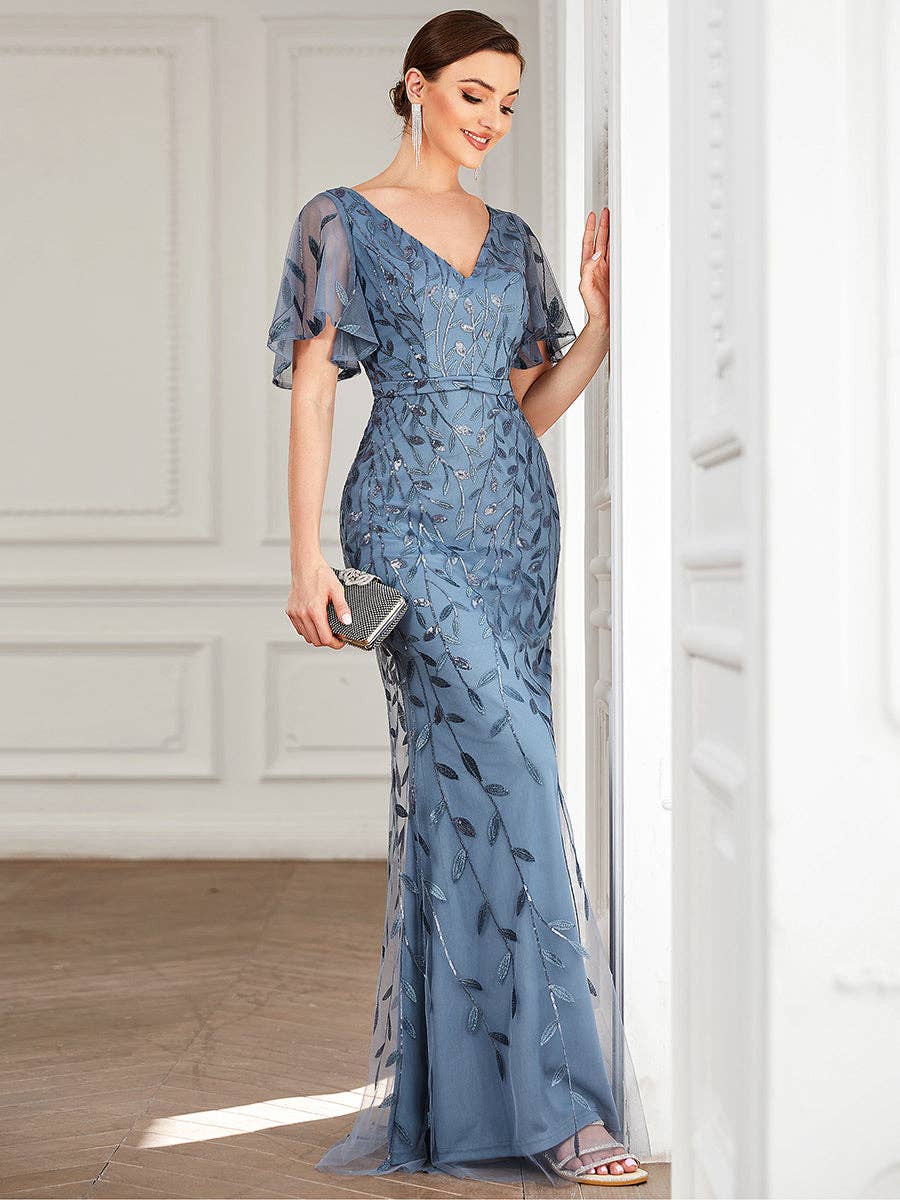 Gorgeous Leaf-Sequined Evening Dress