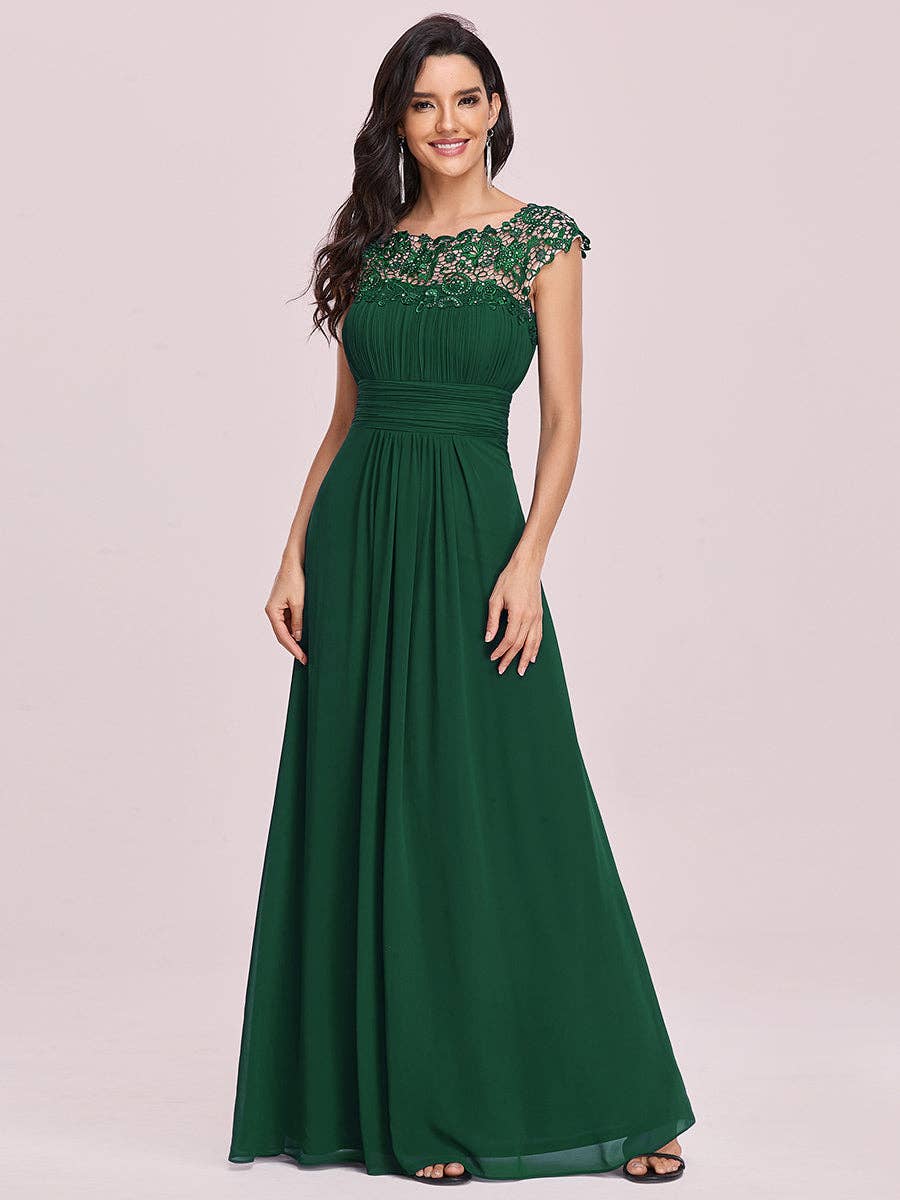 Lacey Neckline Open Back Ruched Bust  Chiffon Evening Dress