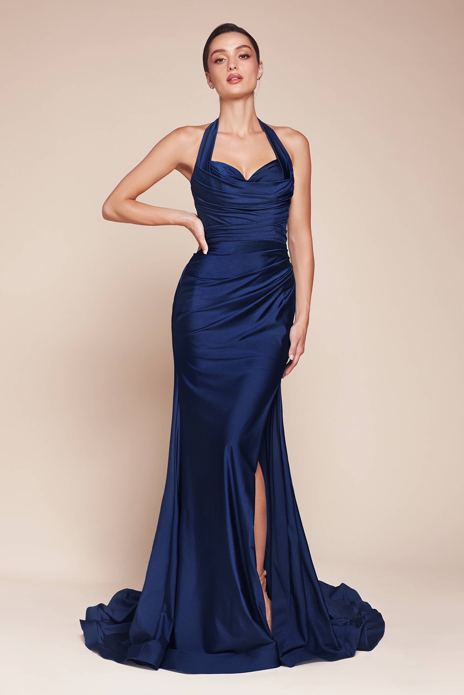 STETCH SATIN HALTER FITTED DRESS