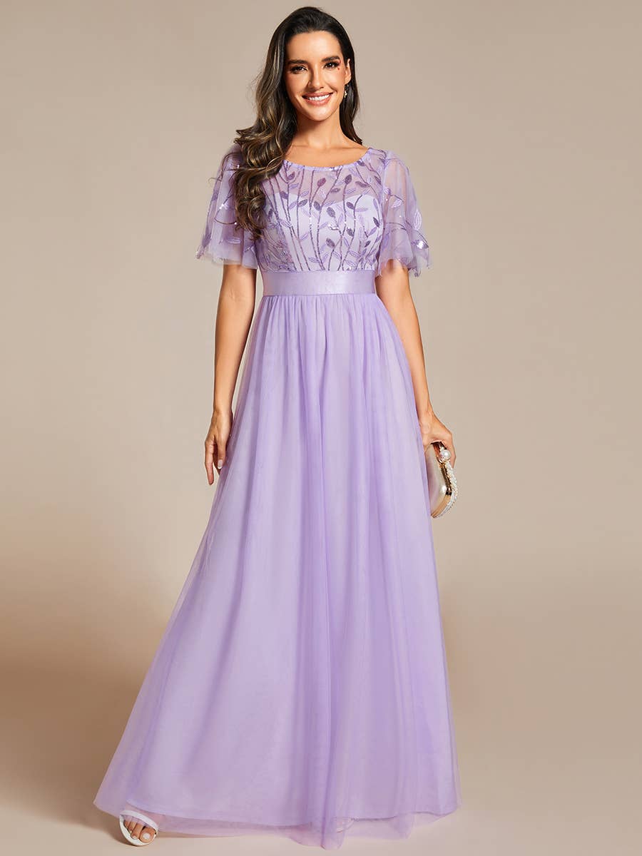 Sequin Print Maxi Long Evening Dresses with Cap Sleeve