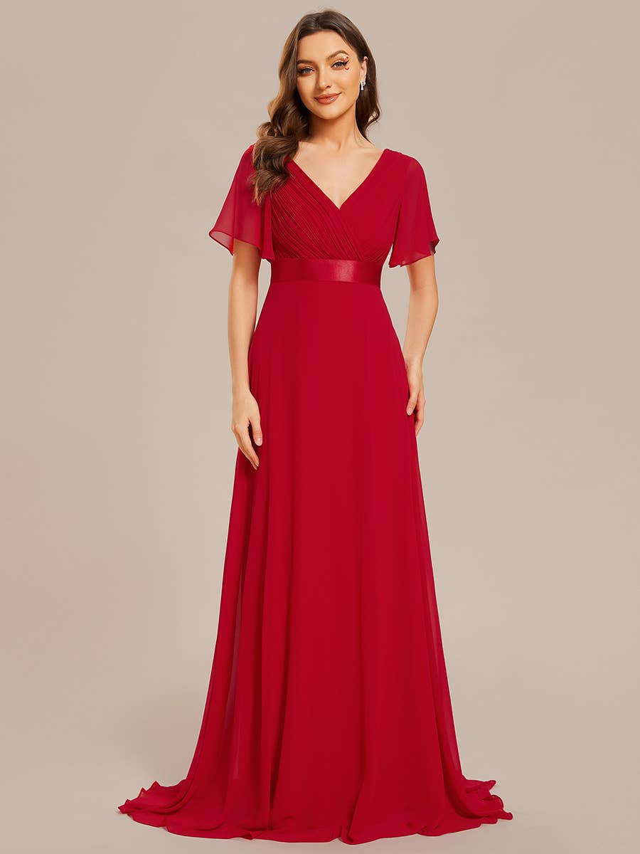 Double V-Neck Ruffles Chiffon Bridesmaid Dress