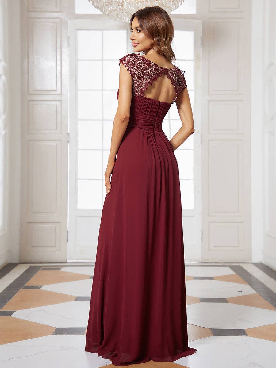 Lacey Neckline Open Back Ruched Bust  Chiffon Evening Dress