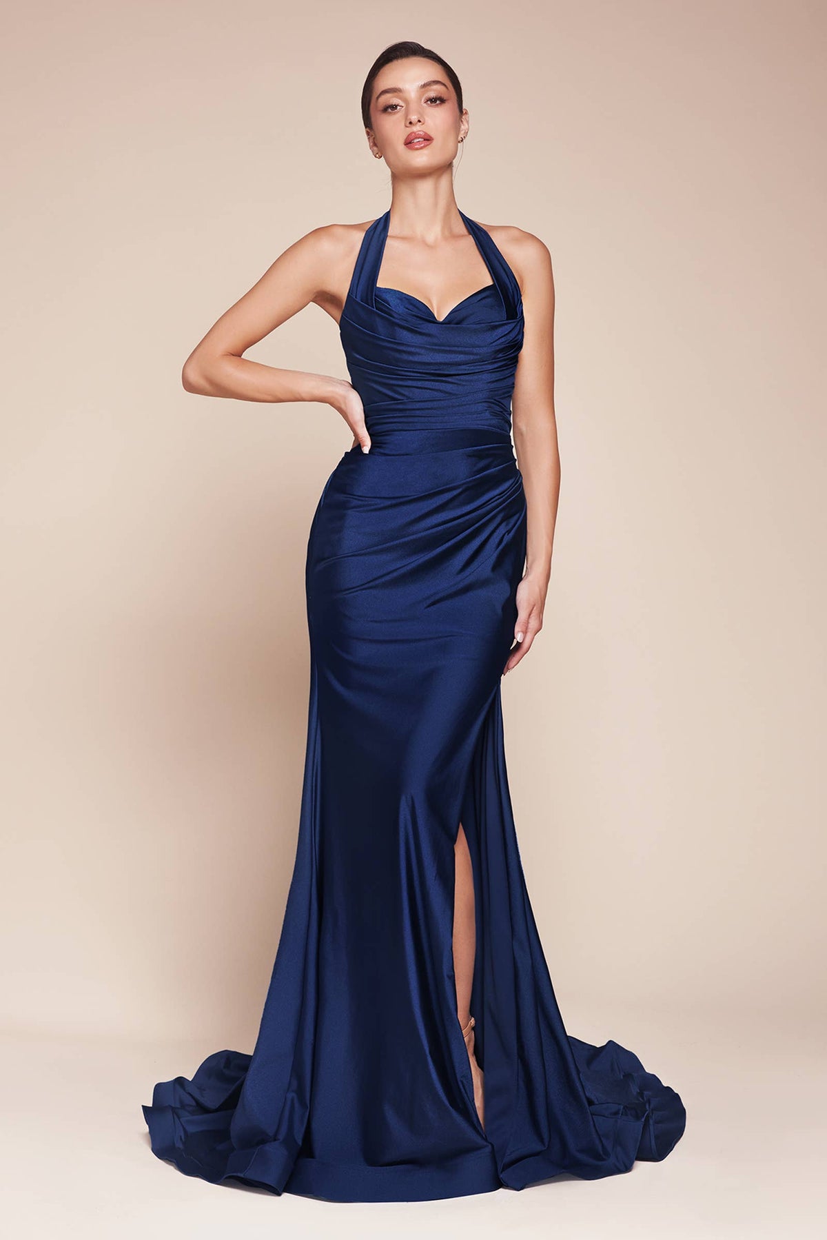 STETCH SATIN HALTER FITTED DRESS