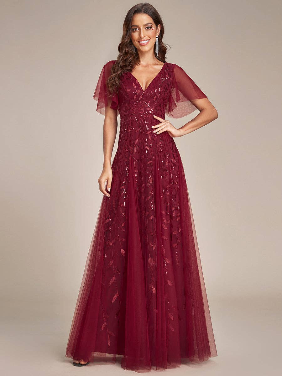 Romantic Shimmery V Neck Ruffle Sleeves Evening Dress