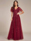 Romantic Shimmery V Neck Ruffle Sleeves Evening Dress