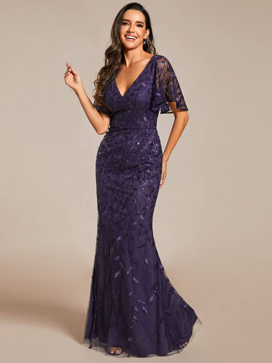 Gorgeous Leaf-Sequined Evening Dress