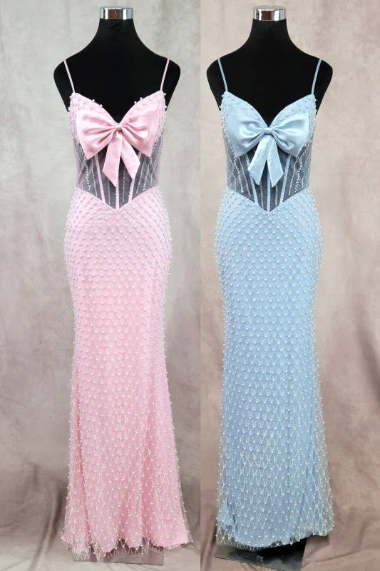 Long Dress With Bow, Pearls And Jewel Rhinestones C848