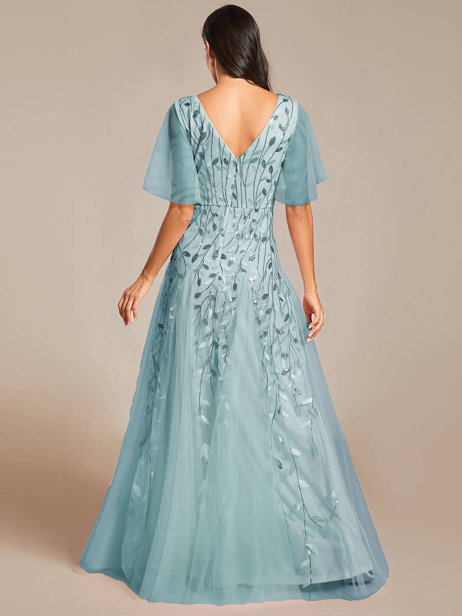 Romantic Shimmery V Neck Ruffle Sleeves Evening Dress