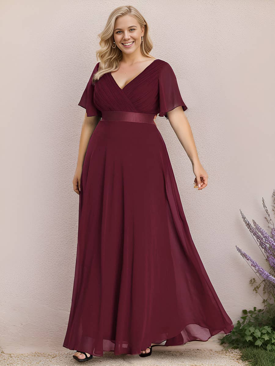 Double V-Neck Ruffles Chiffon Bridesmaid Dress