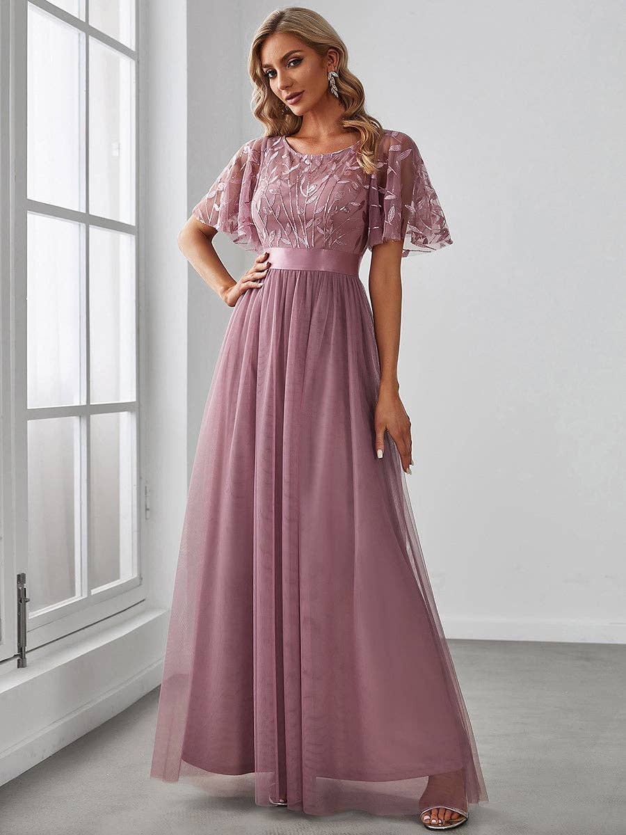 Sequin Print Maxi Long Evening Dresses with Cap Sleeve