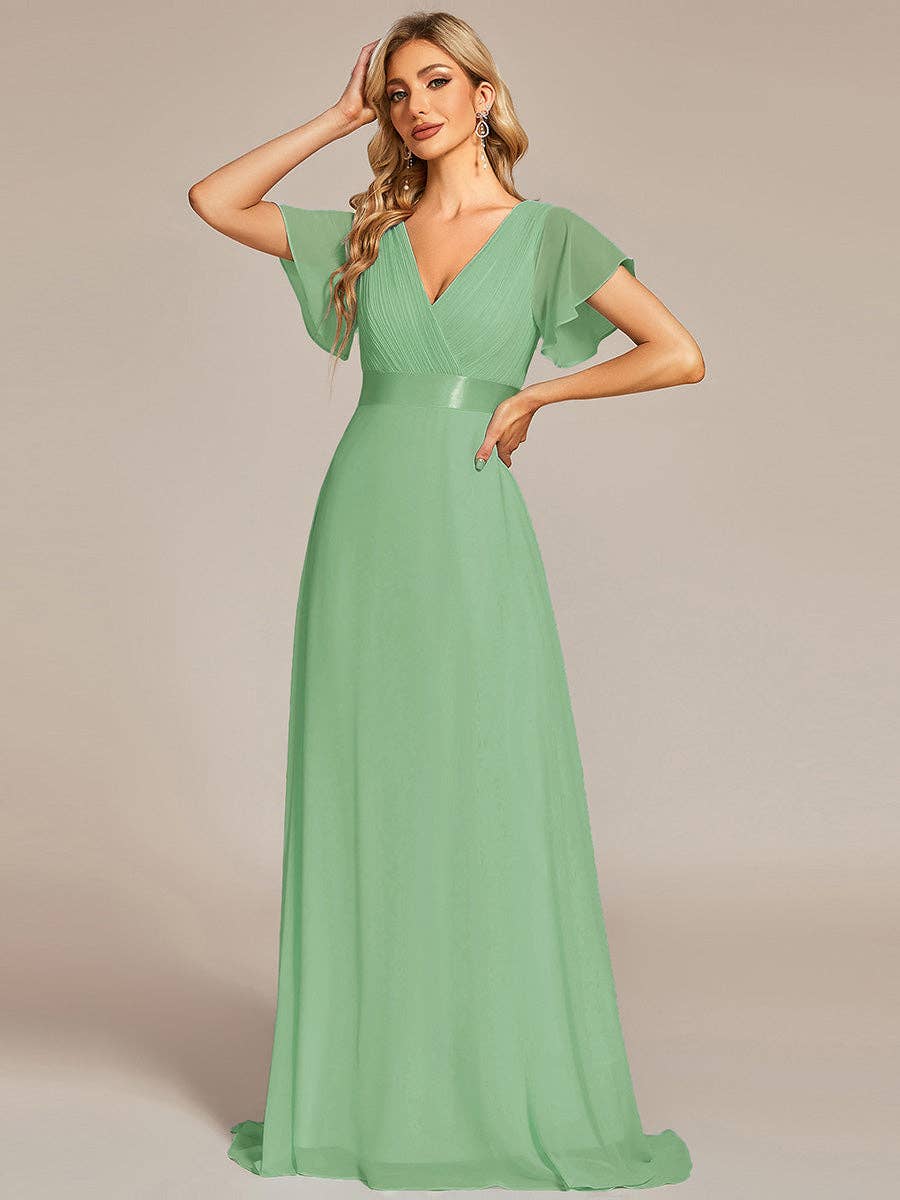 Double V-Neck Ruffles Chiffon Bridesmaid Dress