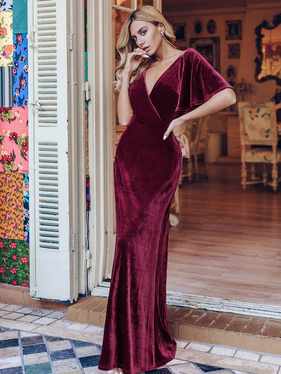 Elegant Double V Neck Velvet Wholesale Party Dress