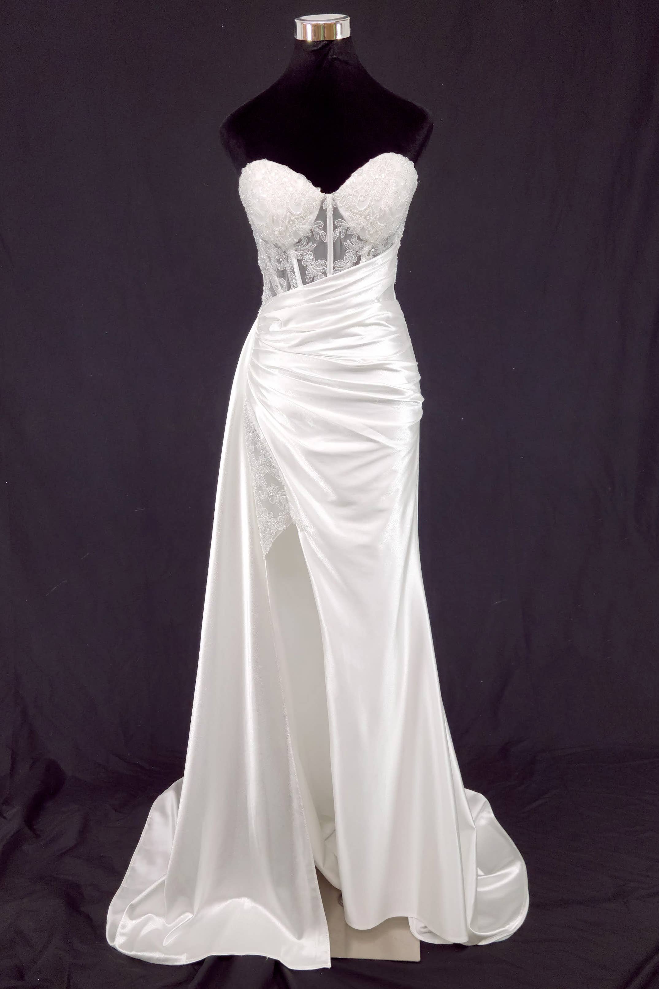 Floor length satin sweetheart dress with split skirt C843