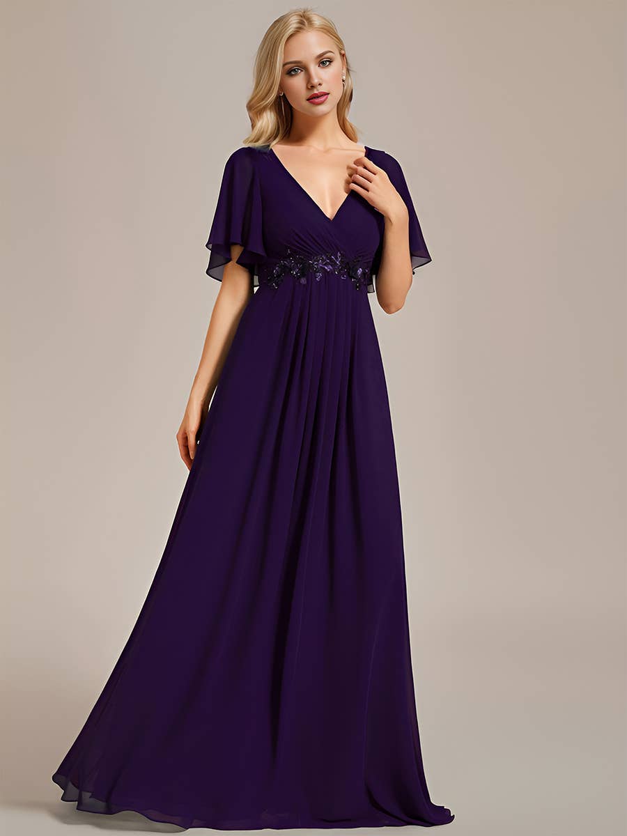 V Neck Appliques Pleated Bridesmaid Dress