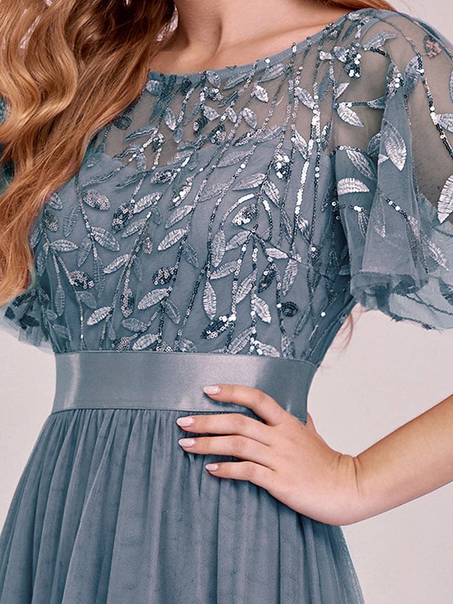 Sequin Print Maxi Long Evening Dresses with Cap Sleeve