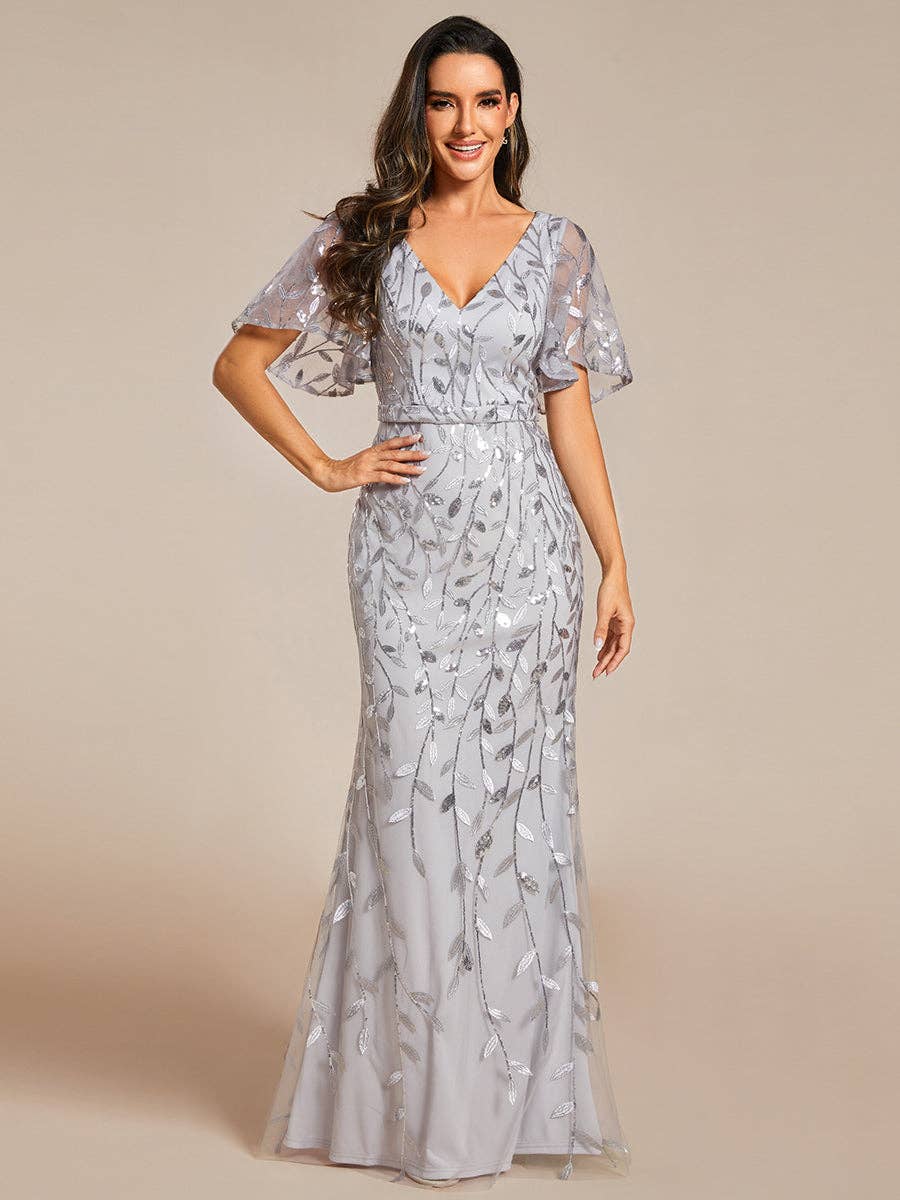 Gorgeous Leaf-Sequined Evening Dress