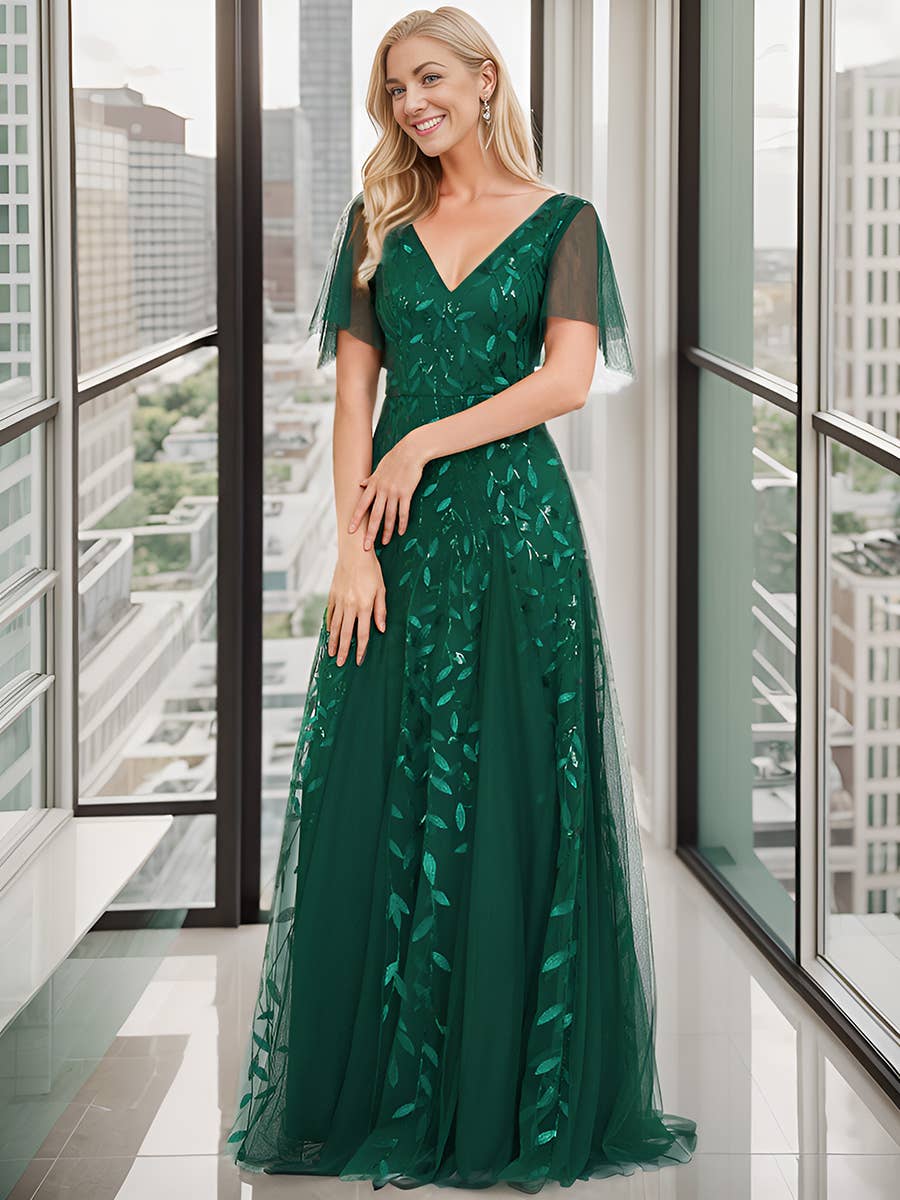 Romantic Shimmery V Neck Ruffle Sleeves Evening Dress