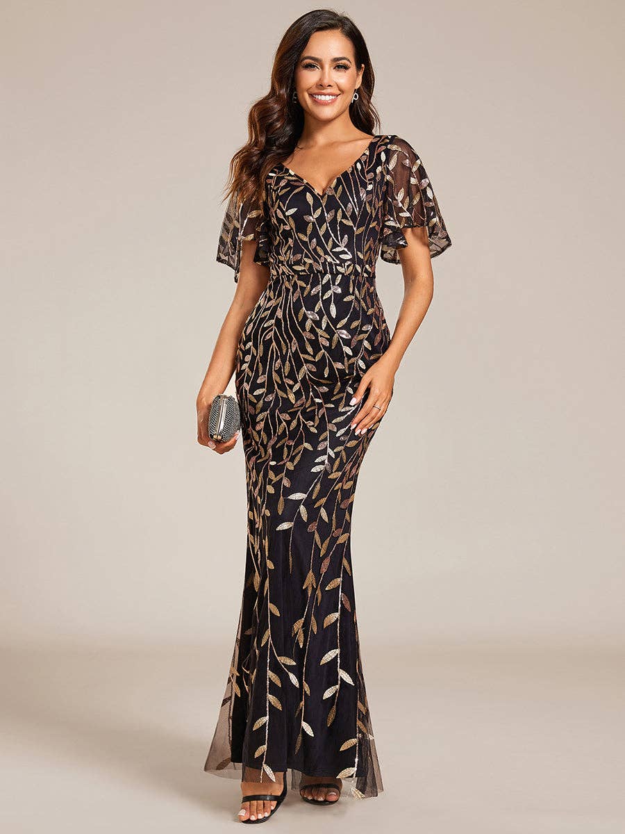Gorgeous Leaf-Sequined Evening Dress