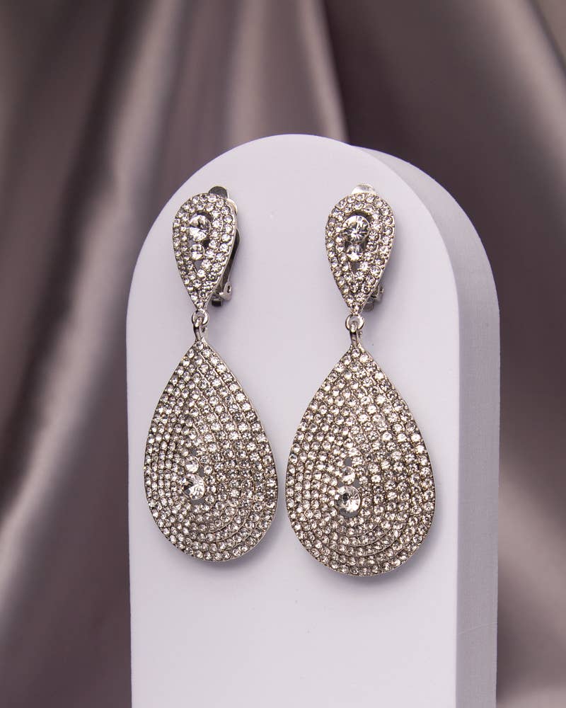 Teardrop Shaped Crystal Pave Clip-On Earrings