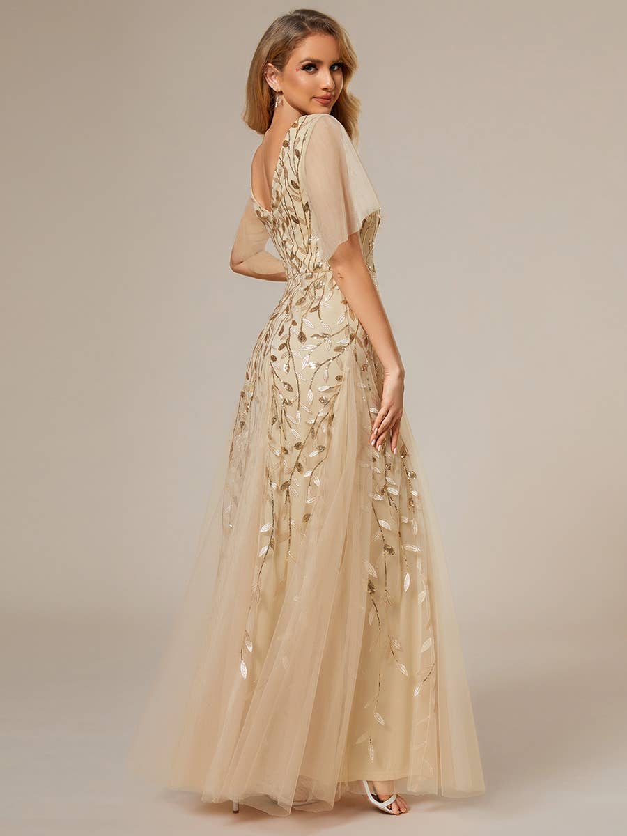 Romantic Shimmery V Neck Ruffle Sleeves Evening Dress