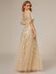 Romantic Shimmery V Neck Ruffle Sleeves Evening Dress