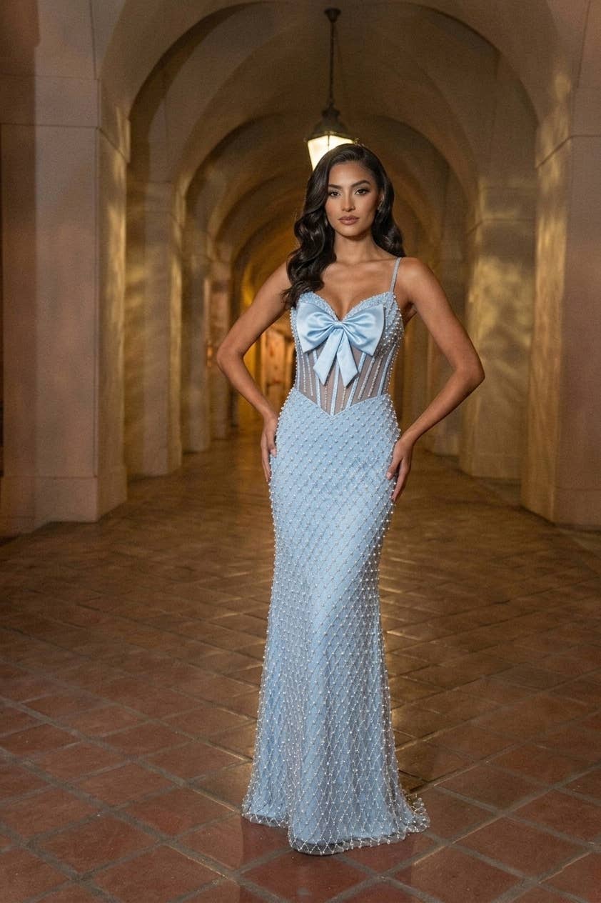 Long Dress With Bow, Pearls And Jewel Rhinestones C848