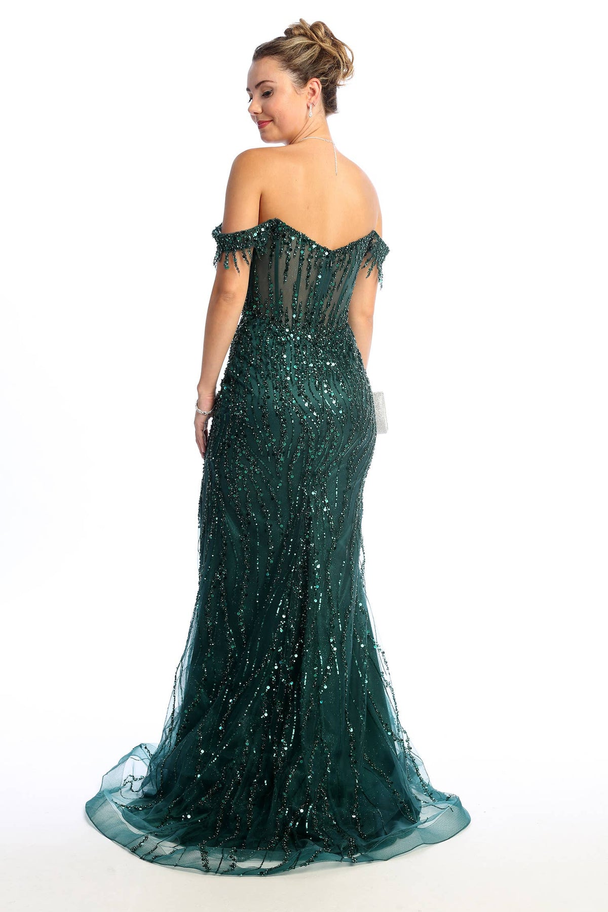 Off the Shoulder Sequin and Bead Long Dress C331