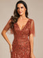 Romantic Shimmery V Neck Ruffle Sleeves Evening Dress