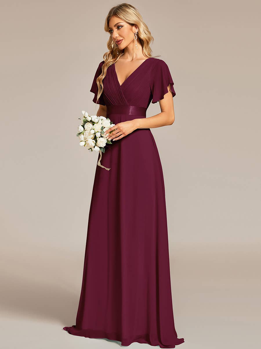 Double V-Neck Ruffles Chiffon Bridesmaid Dress