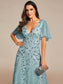 Romantic Shimmery V Neck Ruffle Sleeves Evening Dress