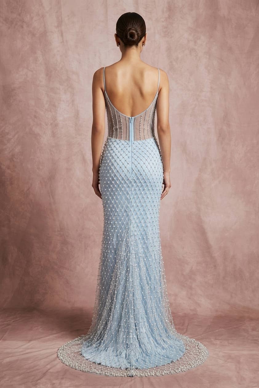 Long Dress With Bow, Pearls And Jewel Rhinestones C848