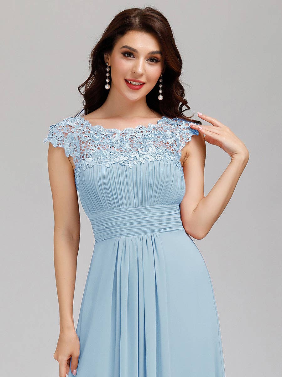 Lacey Neckline Open Back Ruched Bust  Chiffon Evening Dress