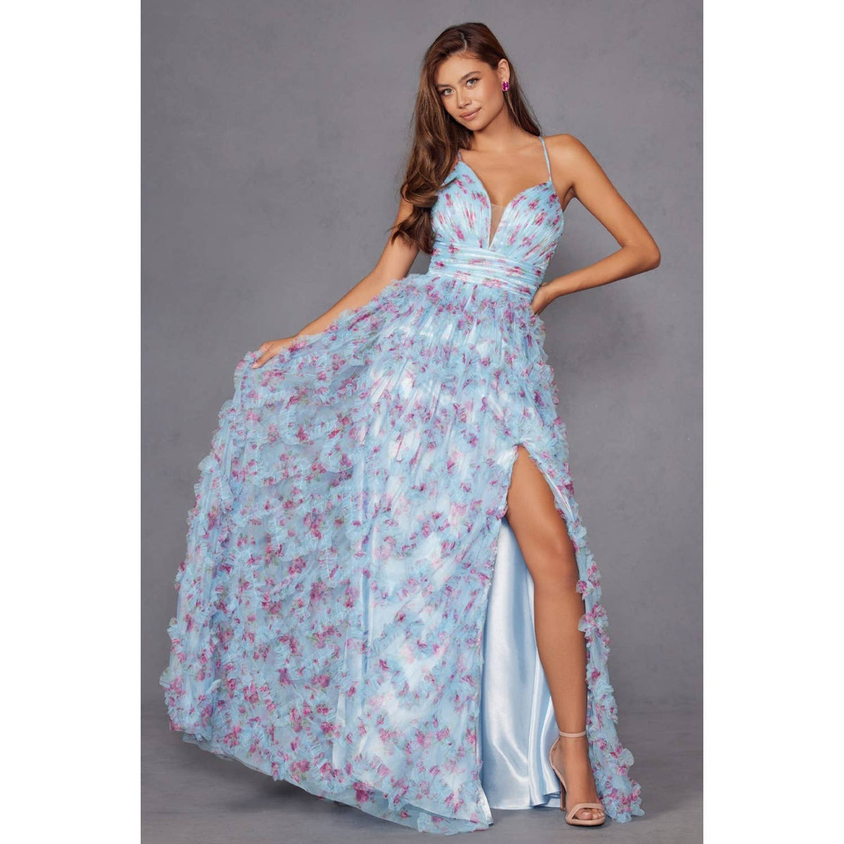 JT2572U THIS DRESS FEATURES A FITTED CORSET WITH A V-NECKLIN