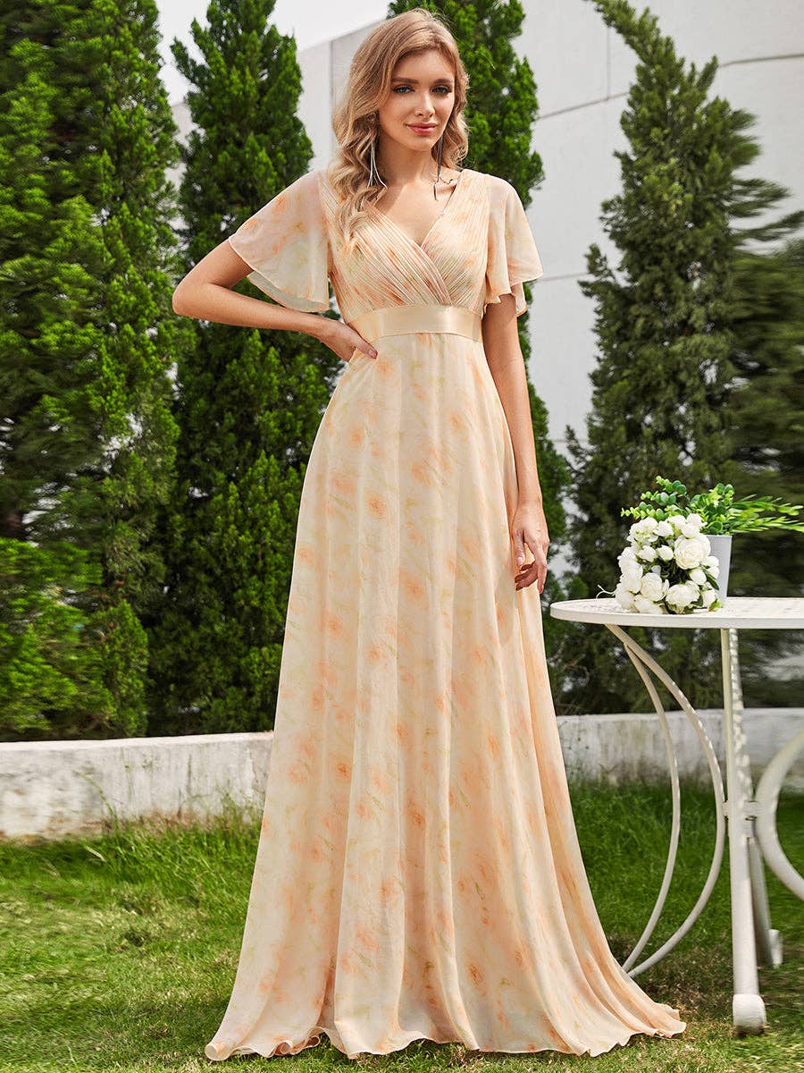 Double V-Neck Ruffles Chiffon Bridesmaid Dress