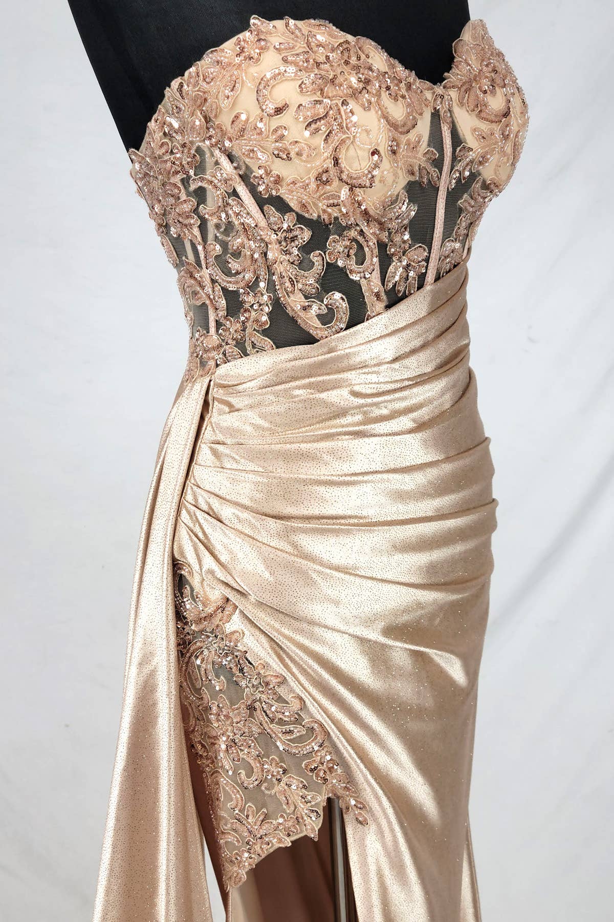 Floor length satin sweetheart dress with split skirt C843