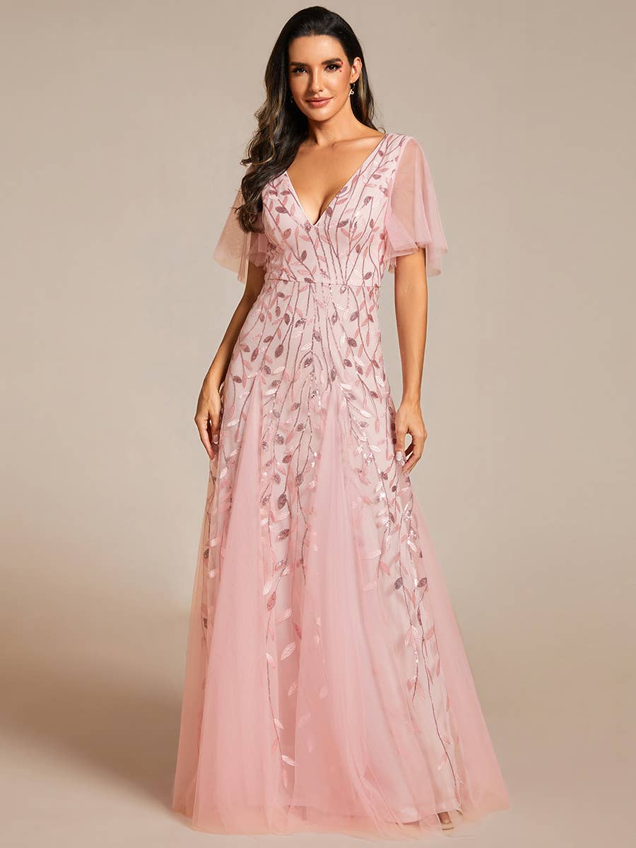 Romantic Shimmery V Neck Ruffle Sleeves Evening Dress