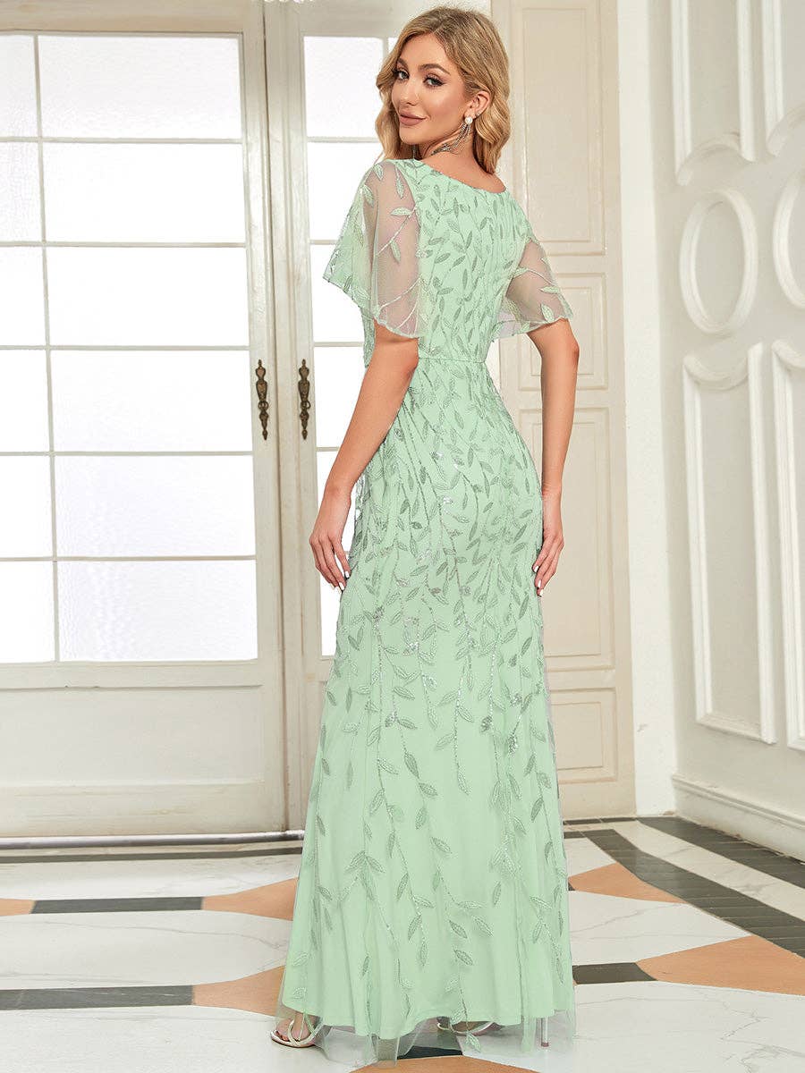 Gorgeous Leaf-Sequined Evening Dress
